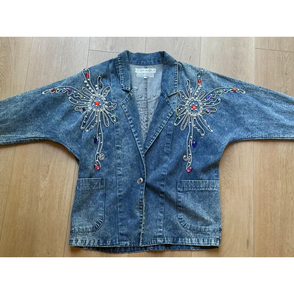 Vintage Golden River Denim Jacket Embellished Rhinestone Acid Wash 80s Costume